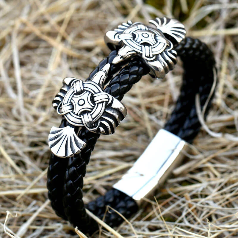 Broad stone bangles-Viking Ravens Stainless Steel Braided Bracelet