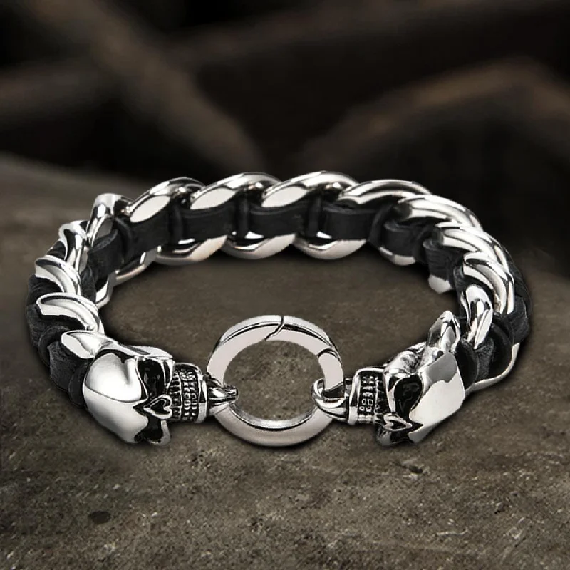 Broad geometric bangles-Double Head Skull Buckle Stainless Steel Braided Bracelet